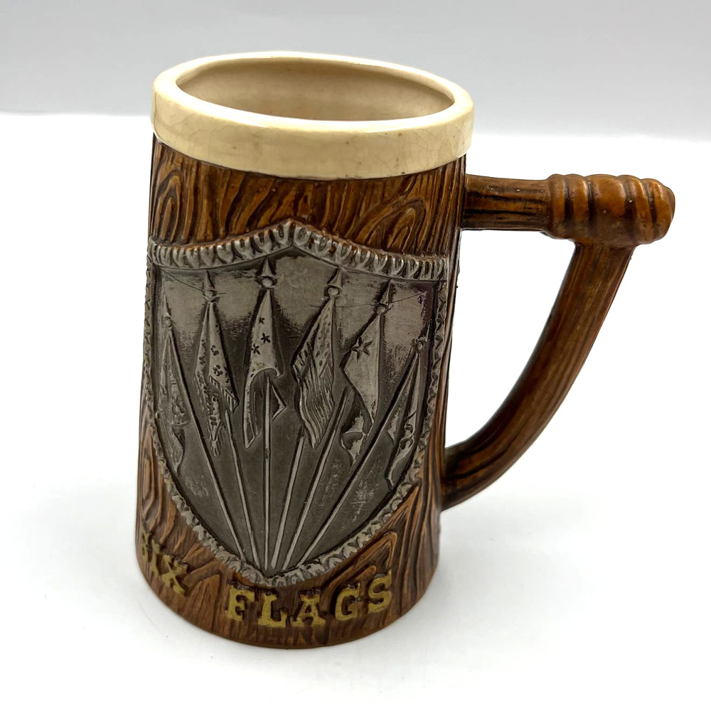 Vintage Six Flags Faux Wood Ceramic 3D Textured Stein Silver Tone Japan Made